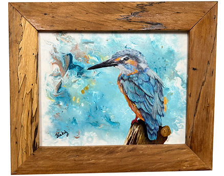 Mixed-media painting of a kingfisher on a branch, with layered aqua textures and natural wood frame.
