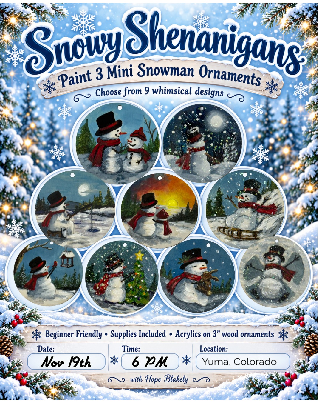 Snowy Shenanigans mini snowman ornament class poster with nine whimsical snowman designs.