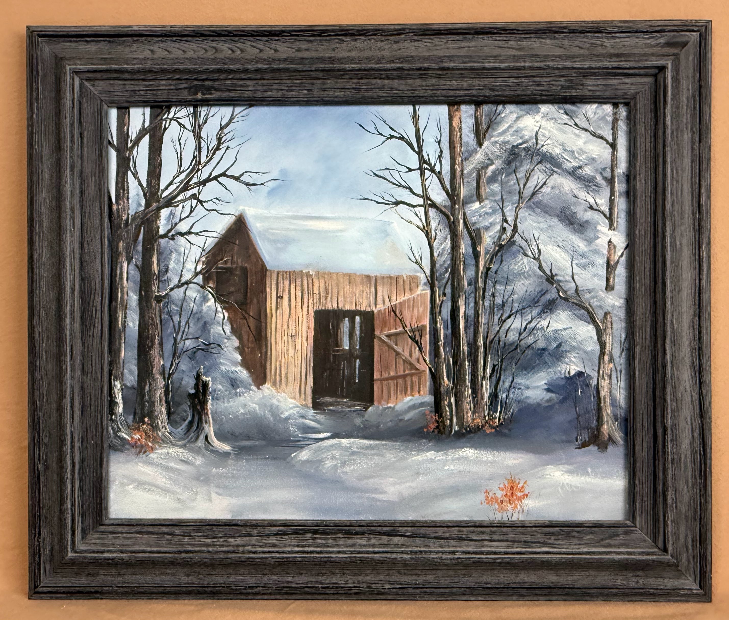 Empty original oil painting by Hope Blakely, showing an open wooden shed in a snowy winter forest