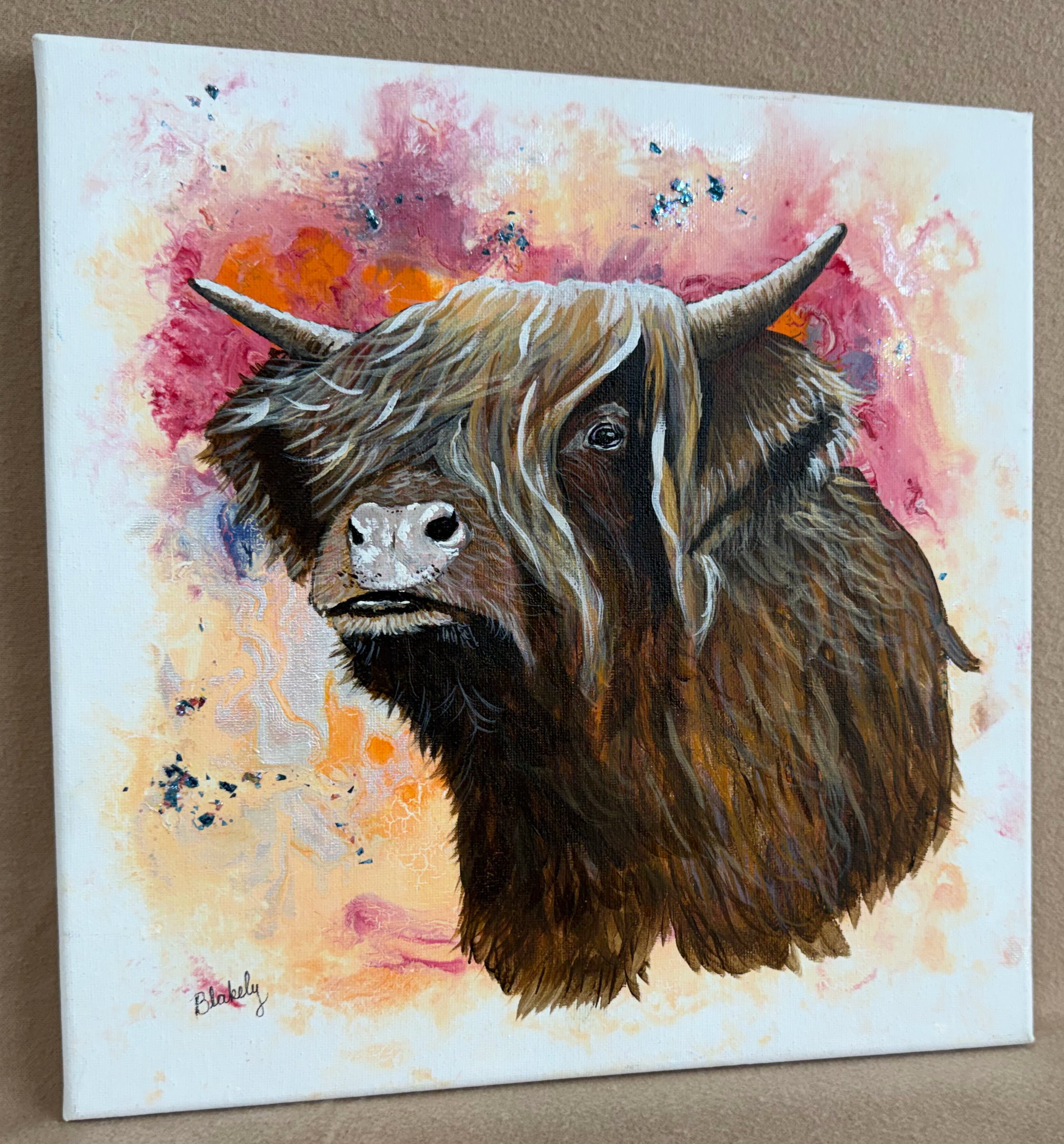 Another angled view of the original Highland Coo on stretched canvas.