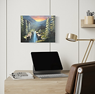 Kevin Hill class–inspired acrylic painting, glowing sunset over evergreen forest and waterfall.