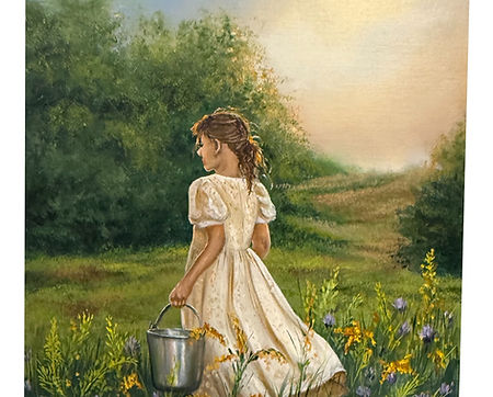 The Milk Maiden, oil painting for sale of a girl walking with her milk bucket through the lush fields