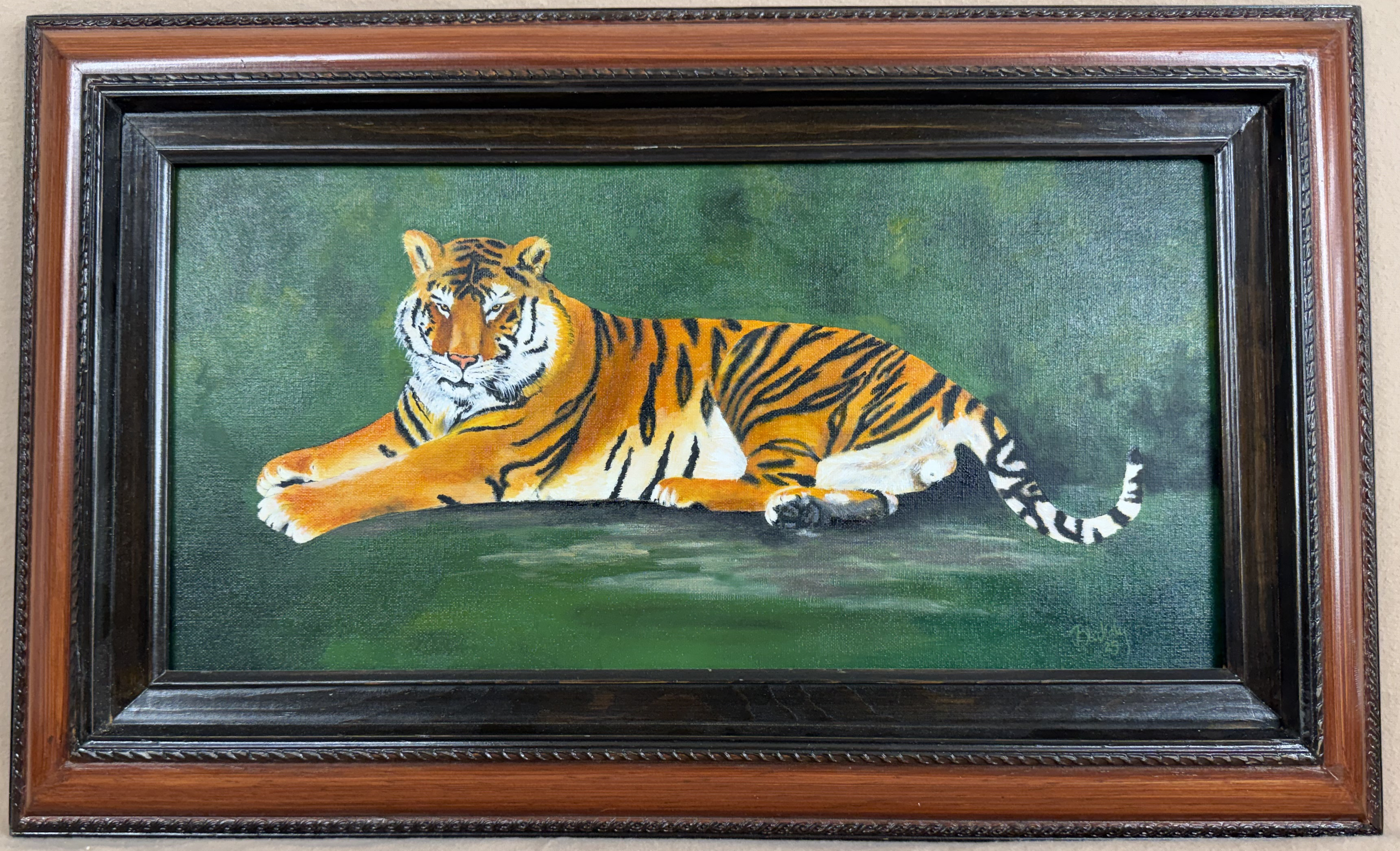 Sanctuary is an original oil painting of a bengal tiger that lives at the Wildlife Sanctuary in Colorado. orange green