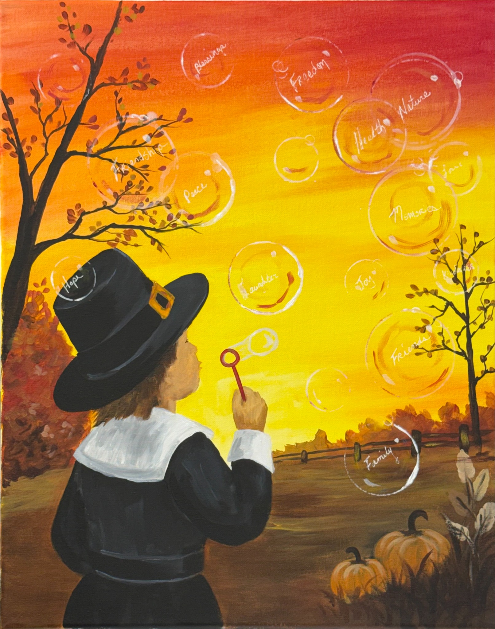 Thanksgiving acrylic painting with a pilgrim child blowing transparent bubbles filled with words such as family, freedom, peace, hope, and memories against a glowing orange and yellow autumn landscape with pumpkins and trees.