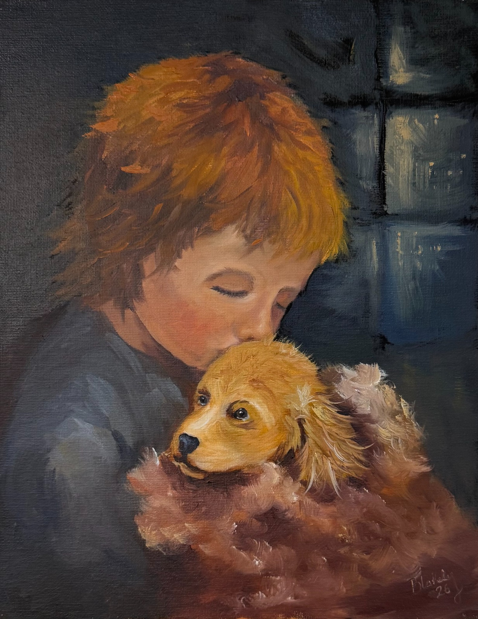 Held with Love by Hope Blakely, an oil painting of a child kissing a golden puppy held close against a dark blue background.