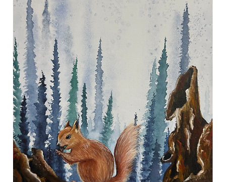 Original 11x14 oil over watercolor painting of a red squirrel in a misty pine forest, Acorn Dreams by Hope Blakely.