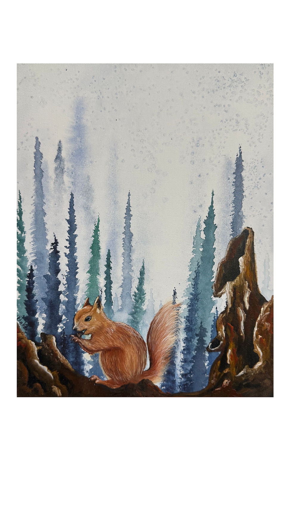 Playful squirrel art titled Acorn Dreams, painted in Arvada, Colorado, oil on watercolor by Hope Blakely.