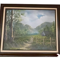 Hope, landscape Oil painting for sale, Distant rolling hills, rustic cabin, pathway into mist, a fence, and trees