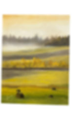 Landscape painting of rolling golden fields with hay bales, misty hills, and glowing autumn trees under a soft yellow sky.