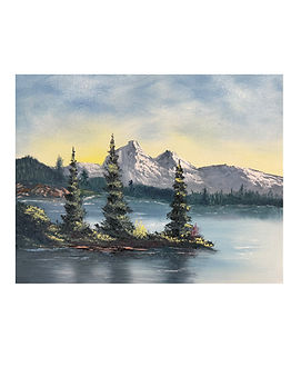 Morning Stillness, 11x14 oil painting of snowcapped mountains, lake, and sunrise.
