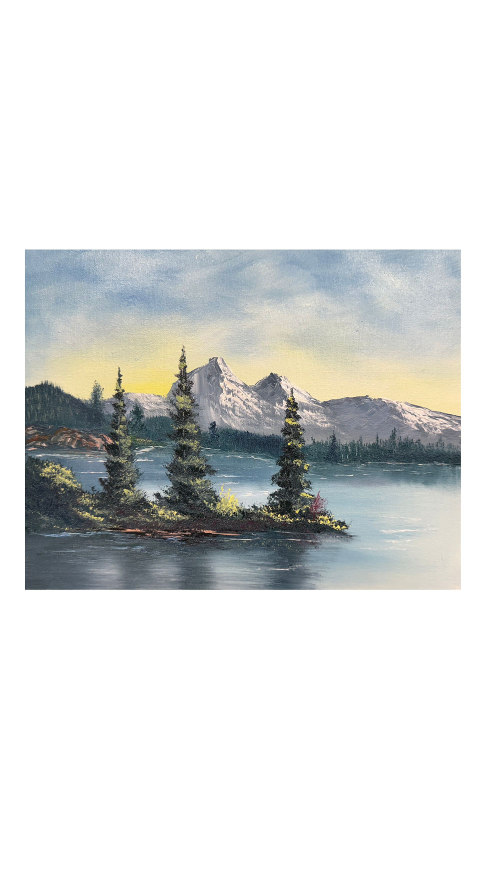Morning Stillness, tranquil oil mountain painting with golden sunrise and still waters.