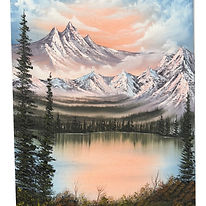 Tranquil Peach Mountain oil painting for sale. A soft peach glows in the sky above the distant mountain and into the lake bel