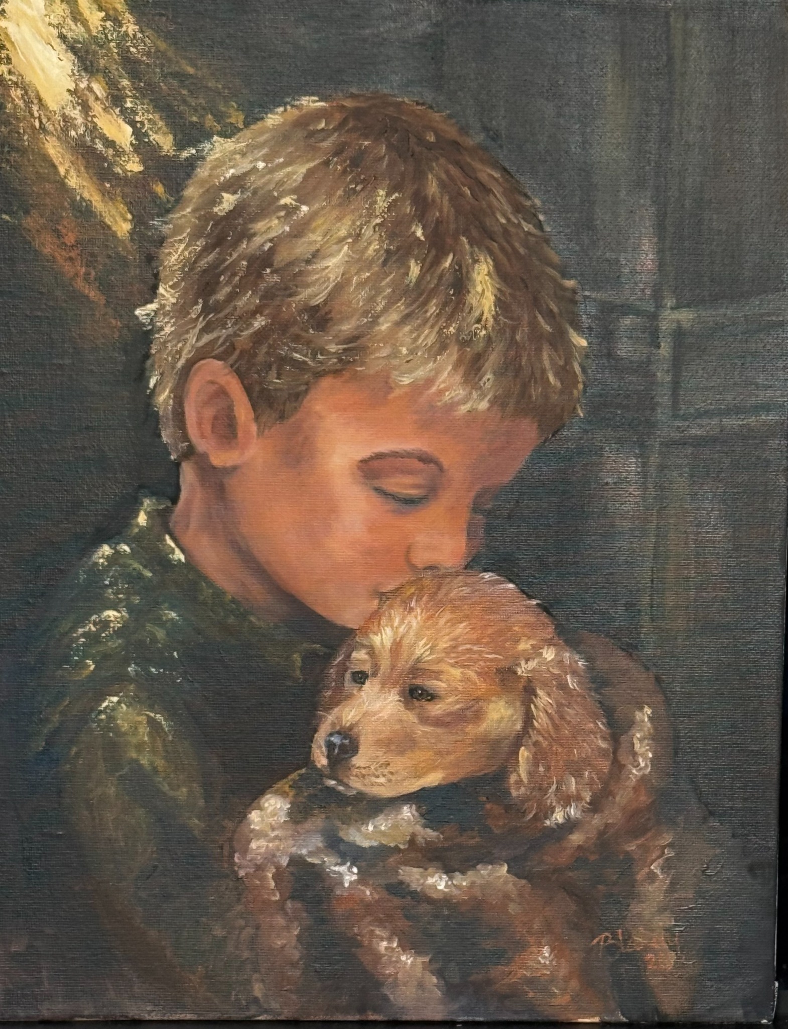 Original oil portrait of a young boy gently kissing a puppy while holding it close, painted by Hope Blakely.