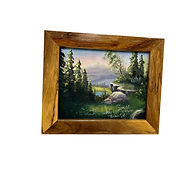 Framed oil painting of a still river flowing around a large rock in a natural landscape, painted by Hope Blakely, based on a Kevin Hill design.