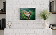 Wildlife art—red squirrel lookout with mossy bark and soft green bokeh, hand-painted acrylic on canvas panel.
