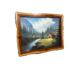 KHill Cabin oil painting for sale, a Cabin sitting next to the stream and a mountain view to fish to