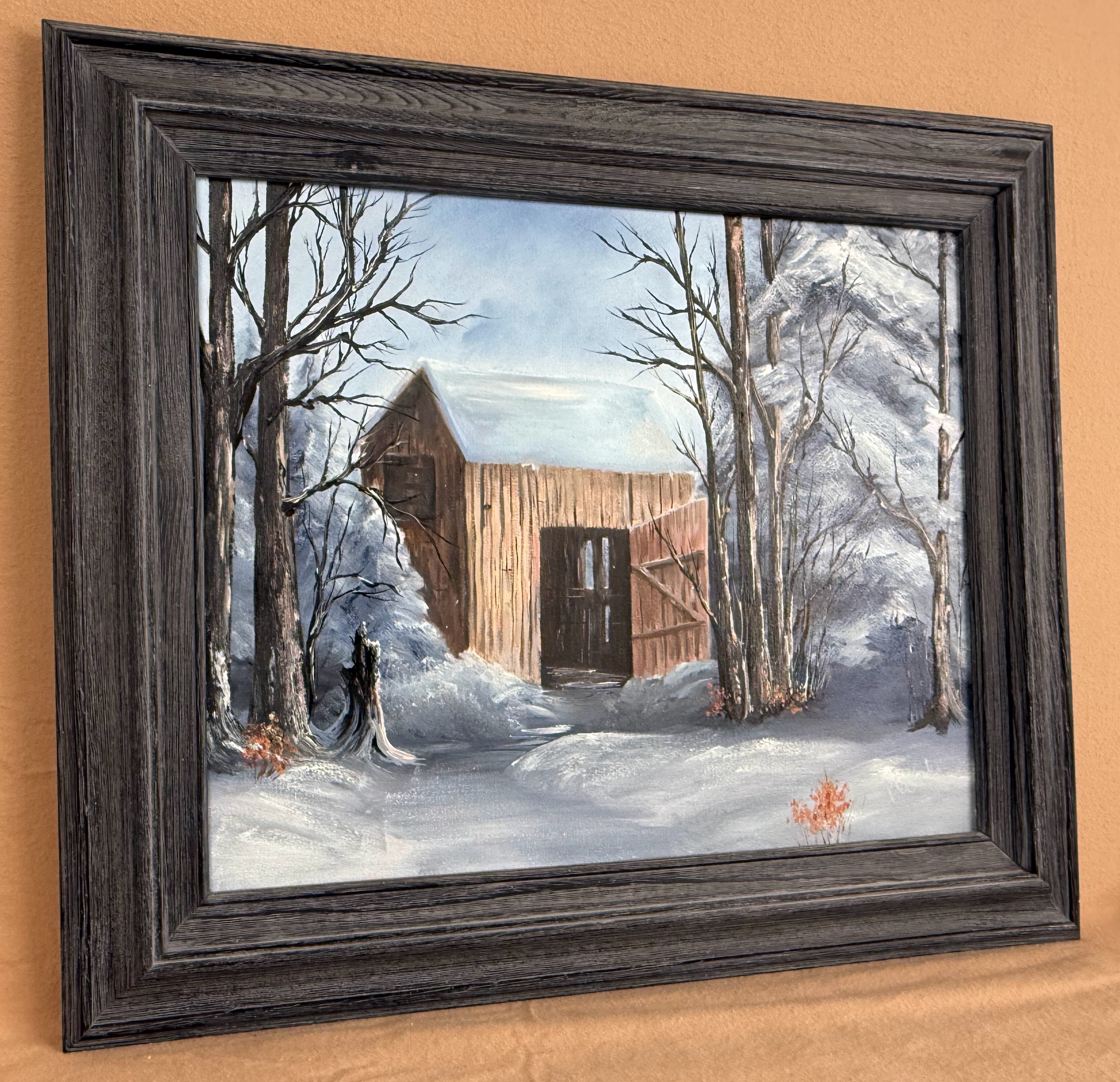 Angled view of Empty, a framed winter shed oil painting by Hope Blakely