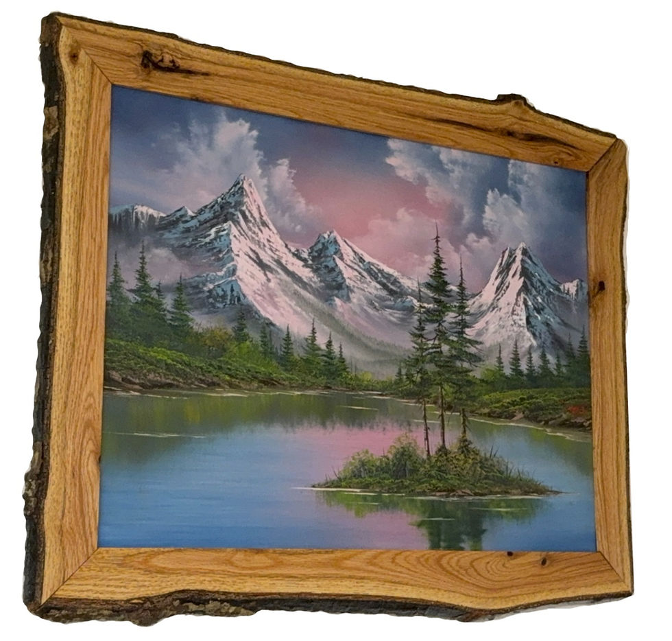 Thumbnail: Steve Ross Island oil original painting for sale, Mountains, trees and and island out front.