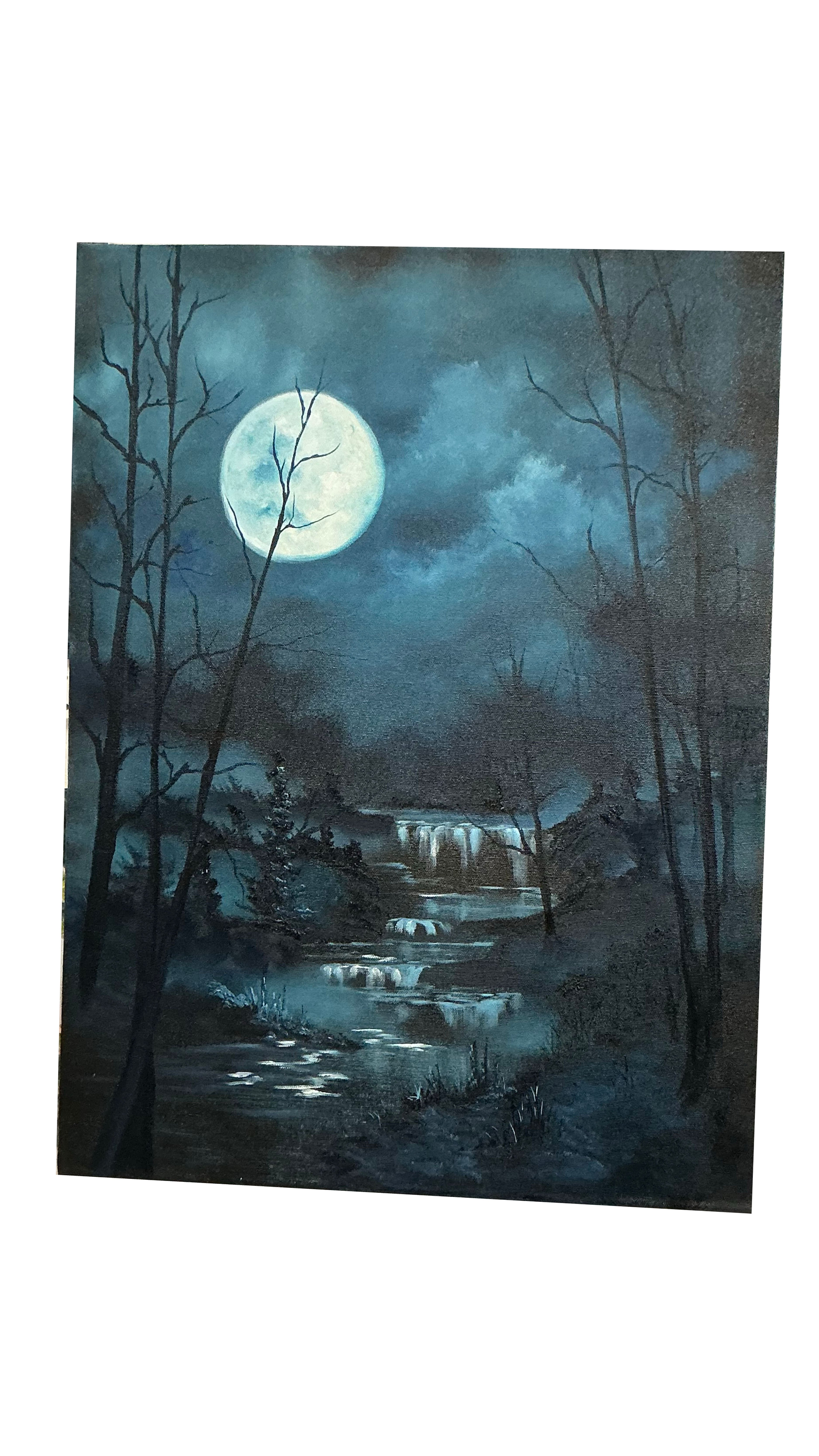 Tranquil nighttime landscape showing a glowing full moon above misty waterfalls and shadowed trees.