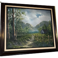 Hope, landscape Oil painting for sale, Distant rolling hills, rustic cabin, pathway into mist, a fence, and trees