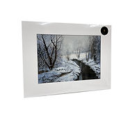 Winter Creek by Marion Dutton, 8x12 acrylic snow landscape with a winding blackwater stream, matted to 12x16, 2023