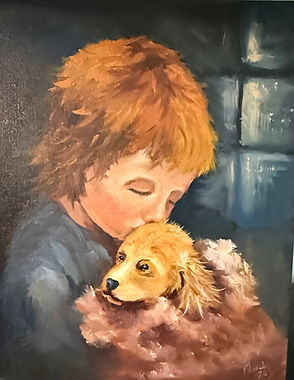 Painting by Hope Blakely from Valerie Stewart’s 2026 Oklahoma City Painting Palooza class, adapted from a boy-and-dog concept into a girl with a slightly different puppy.