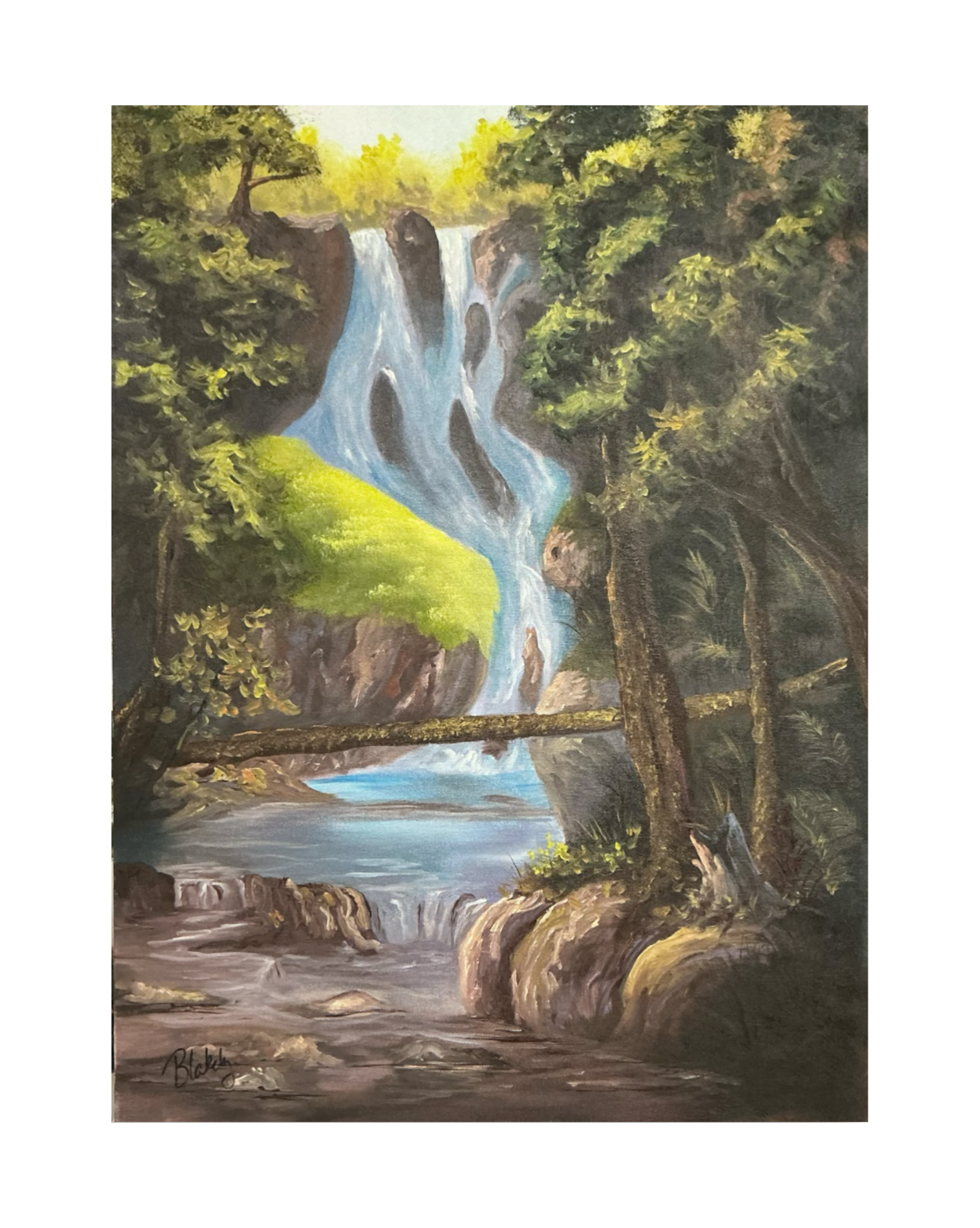 Smoky Mountain Cascade Pass original vertical waterfall oil painting with wooded cliffs, a fallen log, turquoise stream and sunlit green hillside.