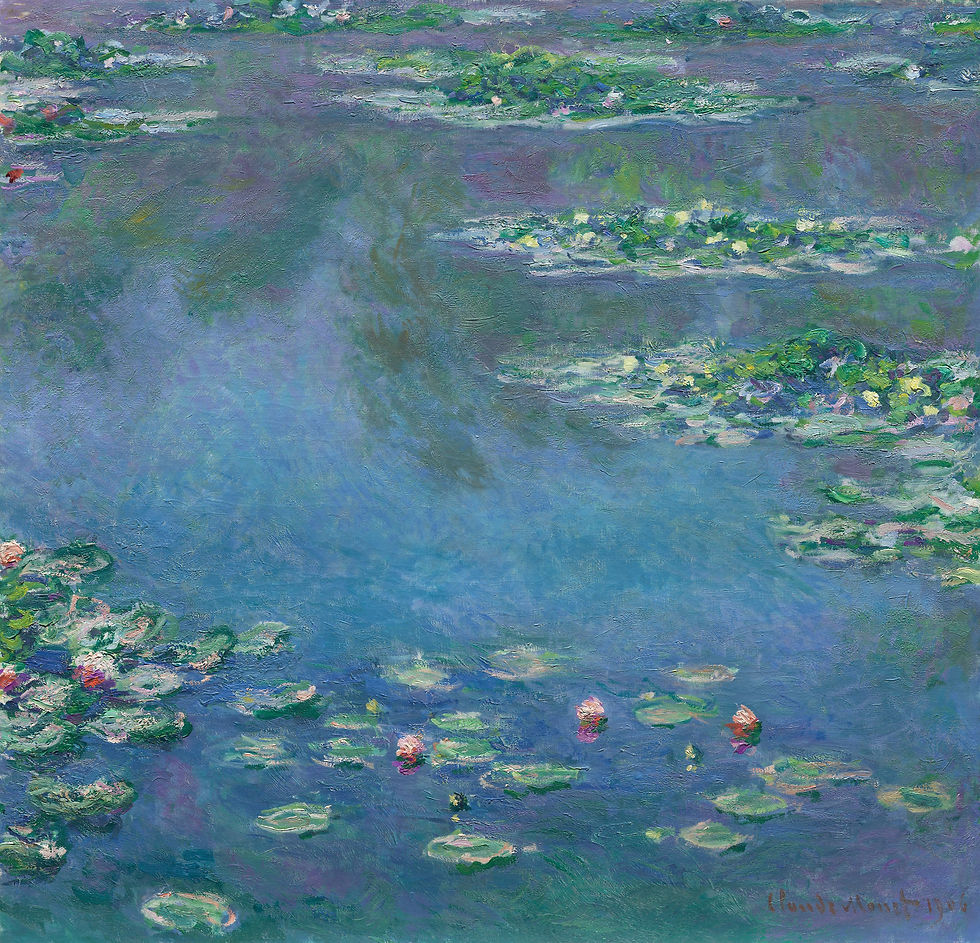 Pink and white water lilies float among green lily pads on Monet's blue pond with reflected trees and sky.