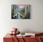 Hope Blakely acrylic waterfall landscape, bright light and motion in mountain valley scene