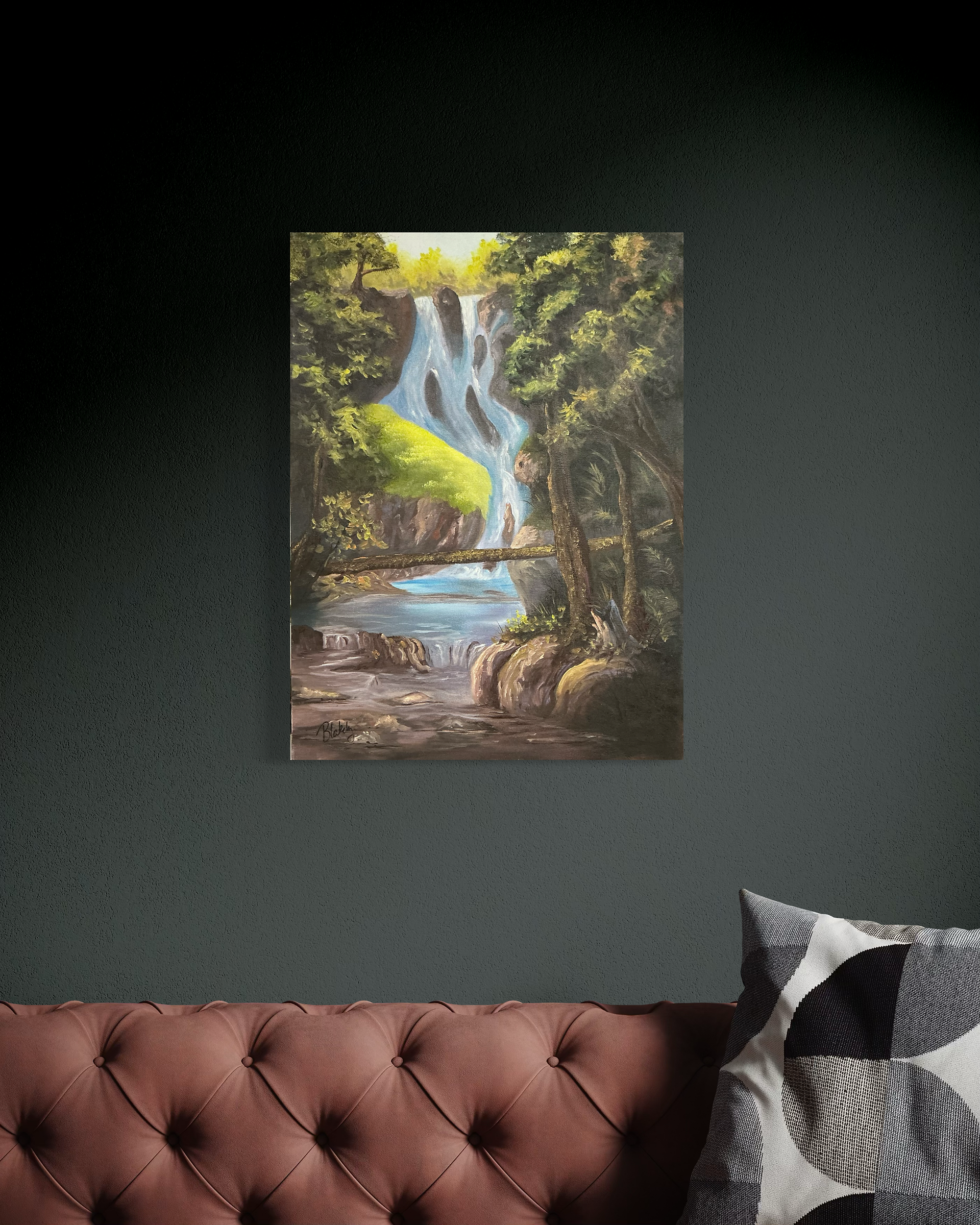 Close-up of the timber bridge and mid-level falls in the Smoky Mountain Cascade Pass artwork.