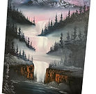 Dramatic landscape scene featuring multiple waterfalls descending through fog-covered evergreens under colorful morning skies.