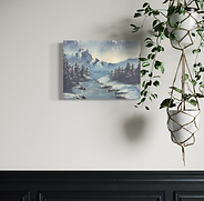 Winter river oil painting with snowy evergreens and distant mountains, by Hope Blakely