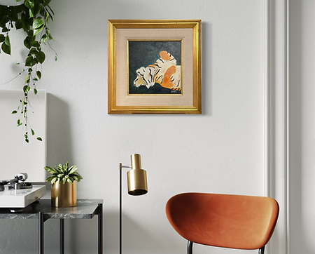 A Bengal tiger resting playfully on its back in Reverie of the Bengal, an original oil painting by Hope Blakely.