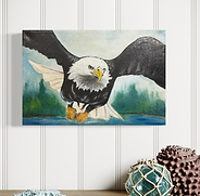 Wings of Freedom painting of a bald eagle flying low over water, patriotic wildlife art by Hope Blakely