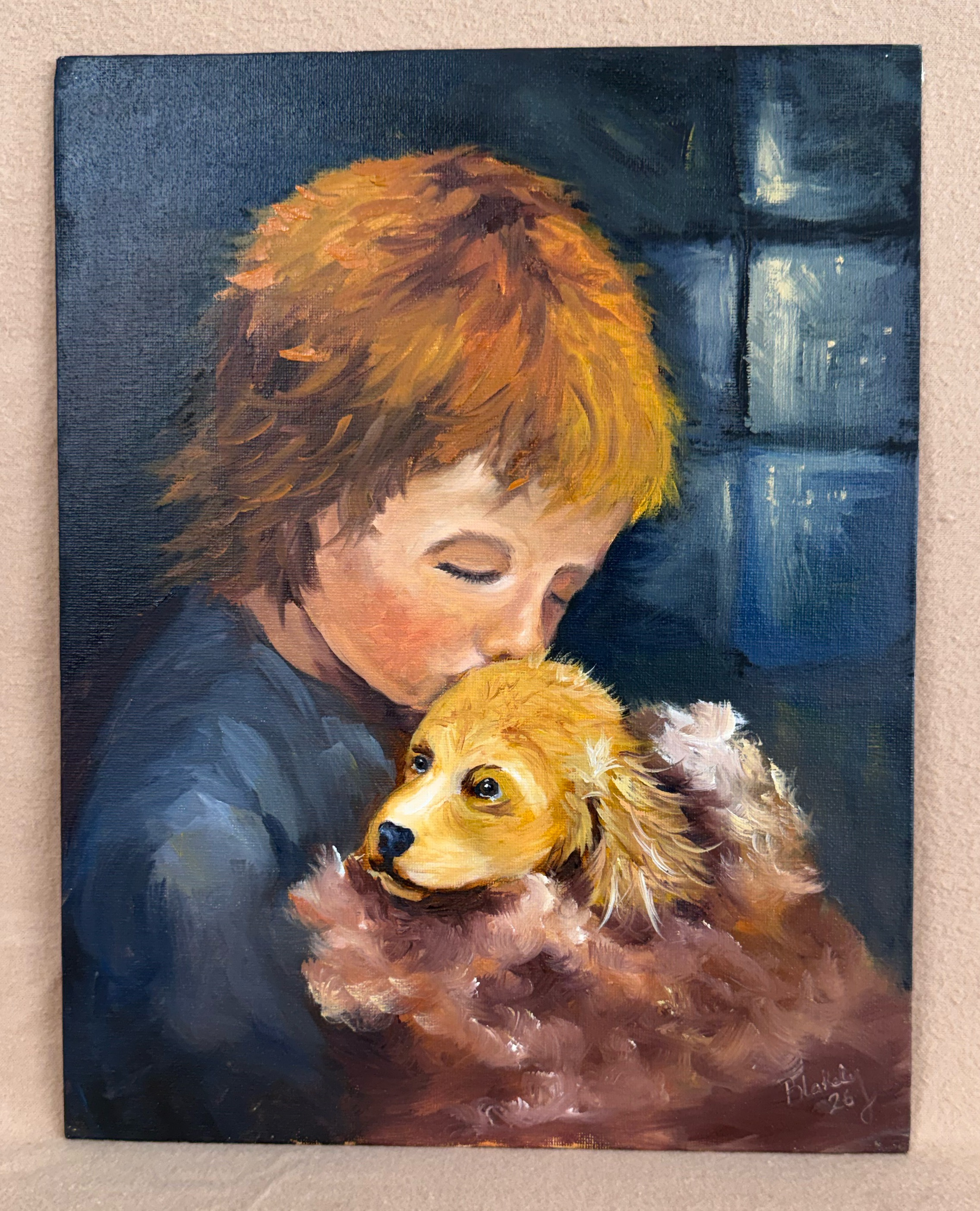 Held with Love by Hope Blakely, an oil painting of a child kissing a golden puppy held close against a dark blue background.