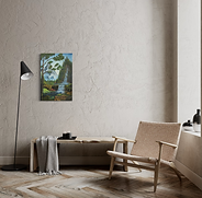 Peaceful mountain scene with cascading water, evergreen trees, and natural textures in a Ross-inspired oil landscape