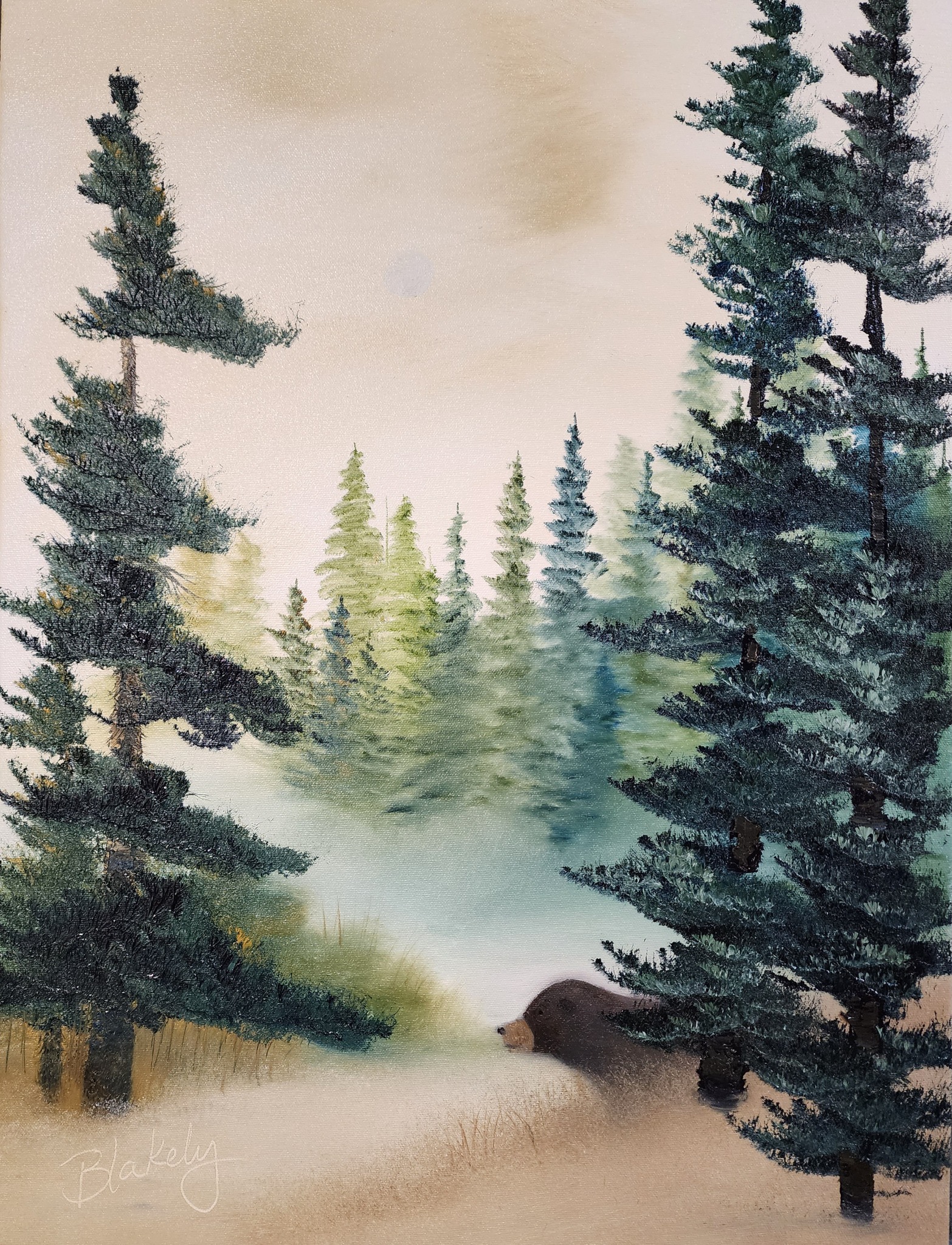 Bear in the Trees oil painting with layered evergreens and a bear resting near the forest edge.