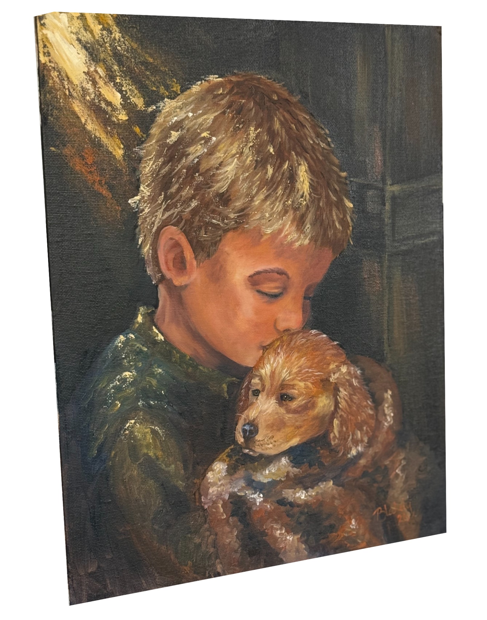 Angled view of the unframed 11 by 14 canvas panel for Safe in His Arms, showing the painting’s surface and slim profile.