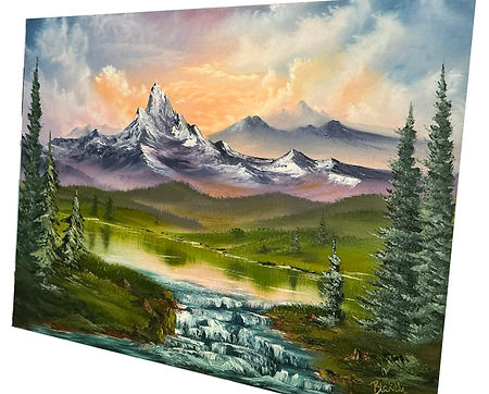 Oil painting of sunrise over snowy mountains, glowing pastel sky, evergreen trees, and cascading waterfall in lush green valley