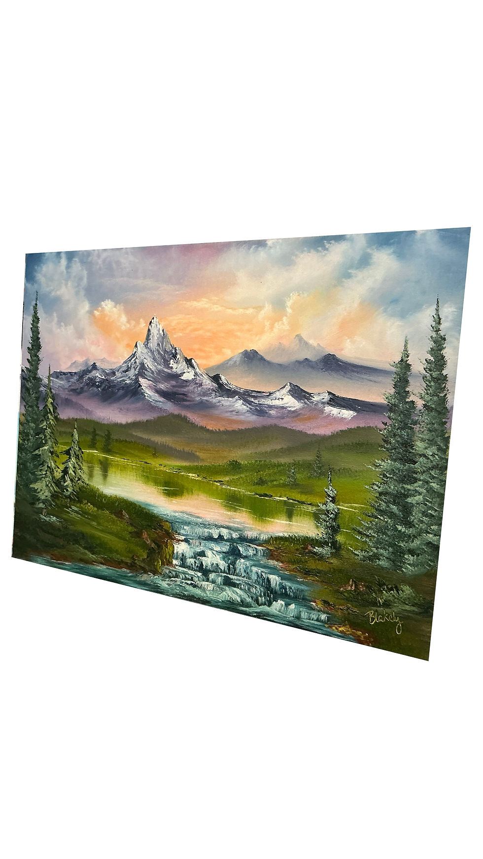 Oil painting of sunrise over snowy mountains, glowing pastel sky, evergreen trees, and cascading waterfall in lush green vall