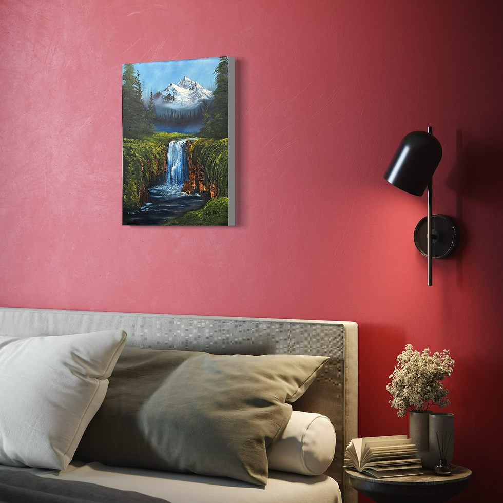 Original Bob Ross style landscape painting of snowy mountains and a cascading waterfall, oil on canvas.