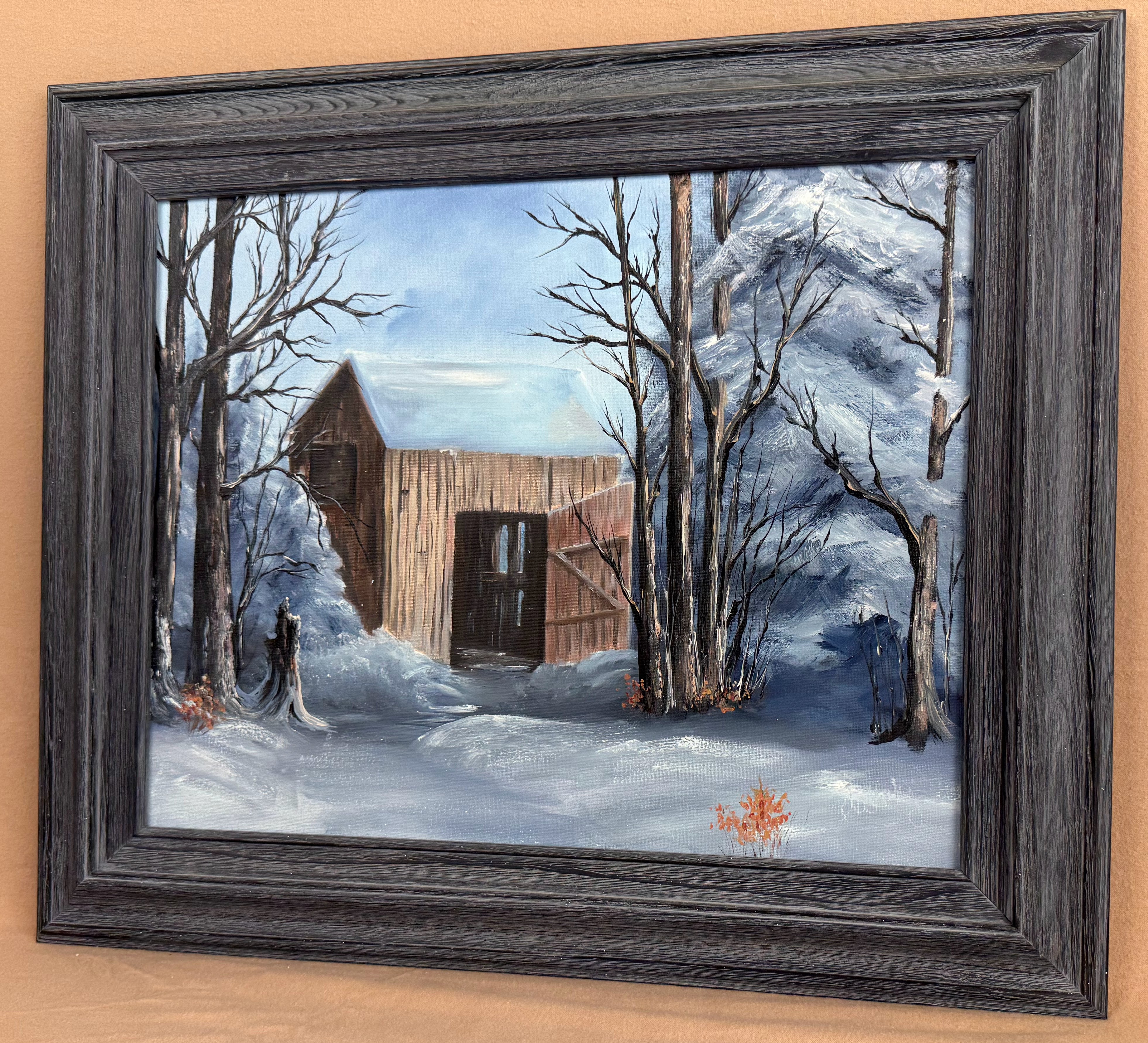 Framed original oil painting Empty with a rustic shed among snow-covered trees