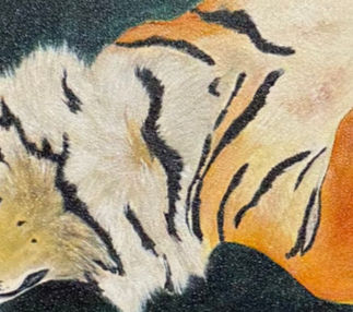 Close-up view of realistic oil painting brushwork, showing careful layering and hand-painted texture