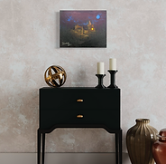 Fantasy-inspired acrylic and oil painting of a castle with glowing windows at night, titled The Forbidden View
