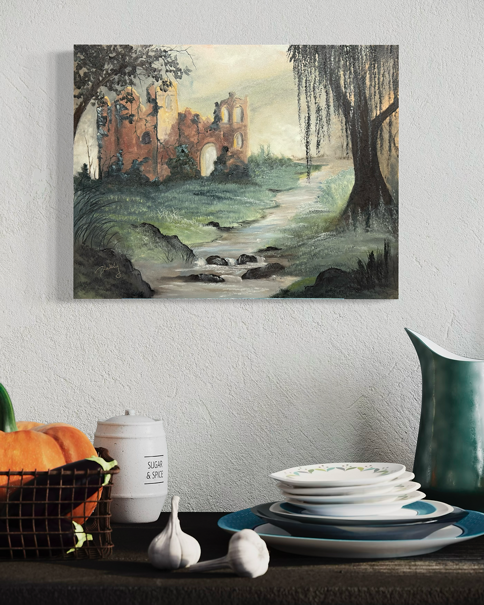 Thumbnail: Original oil artwork showing castle remains, emerald grasses, and drifting mist along a quiet stream