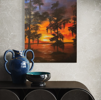 Oil on canvas showing a serene Florida river at sunset, painted with soft blending and atmospheric color.