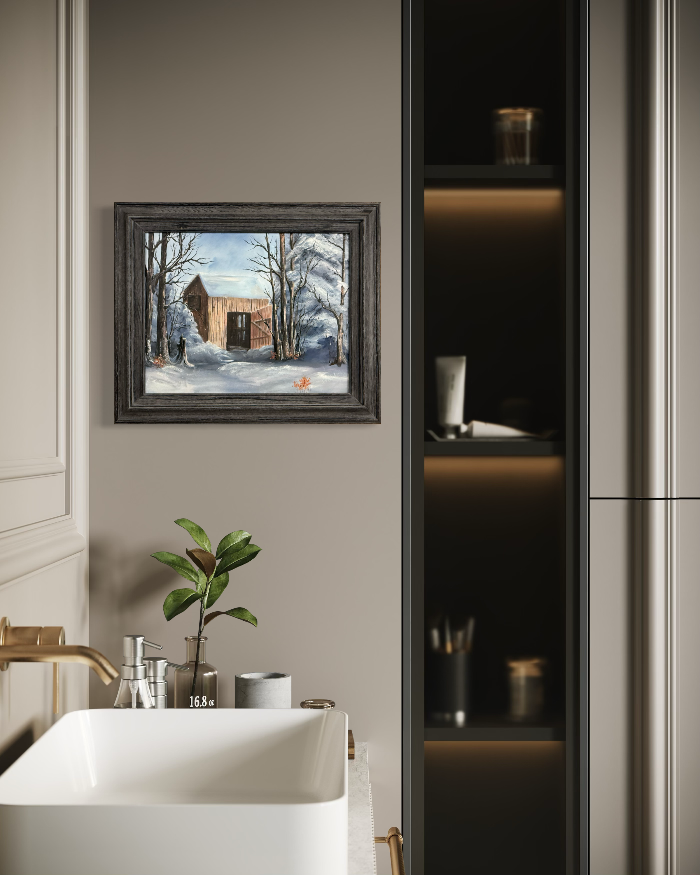 Empty original painting by Hope Blakely displayed on a bathroom wall.