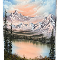 Tranquil Peach Mountain oil painting for sale. A soft peach glows in the sky above the distant mountain and into the lake bel