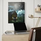 Whispers Beneath the Moon, rustic nighttime barn artwork painted in Richmond, Indiana, design by Wilson Bickford, class taught by J.D. Wayne.
