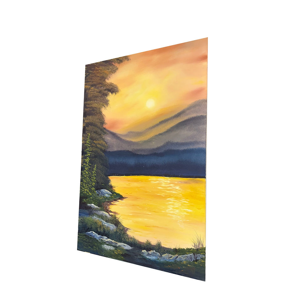 Golden lake glowing under a sunset sky, with layered purple mountains and grassy shoreline, original oil painting by Hope Bla